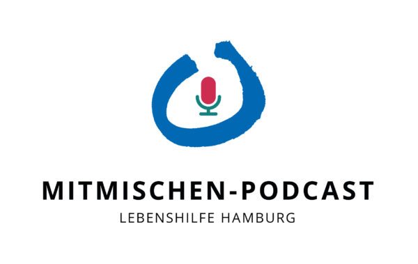 Logo vom Podcast Mitmischen Lebenshilfe Hamburg: Blauer offener Kreis mit einem Mikrofon darin