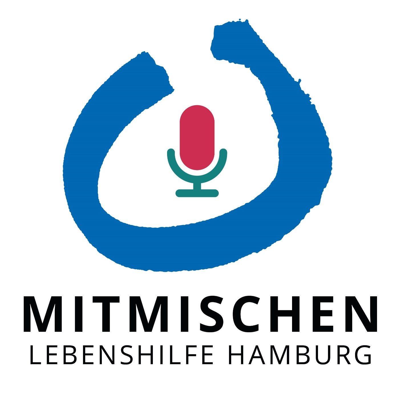 Grafik / Logo: Blauer, geöffneter Halbkreis, in der Mitte Rot-grünes Mikrofon