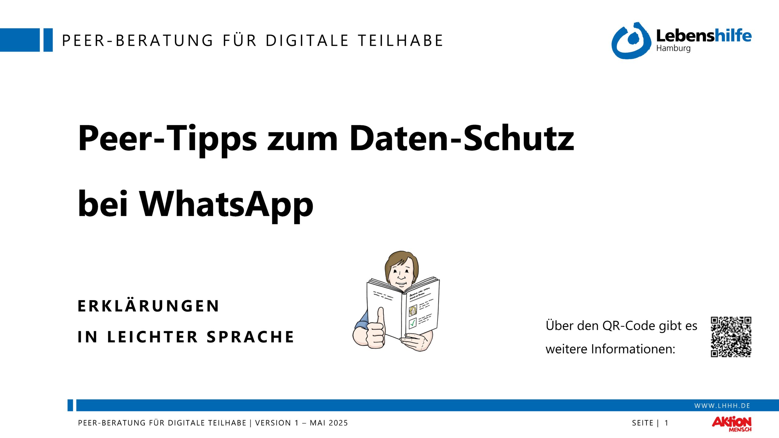 Screenshot Powerpoint: Peer-Tipps zum Daten-Schutz bei WhatsApp. Erklärungen in Leichter Sprache.
