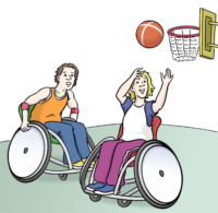 Zwei Personen im Rollstuhl spielen Basketball.
