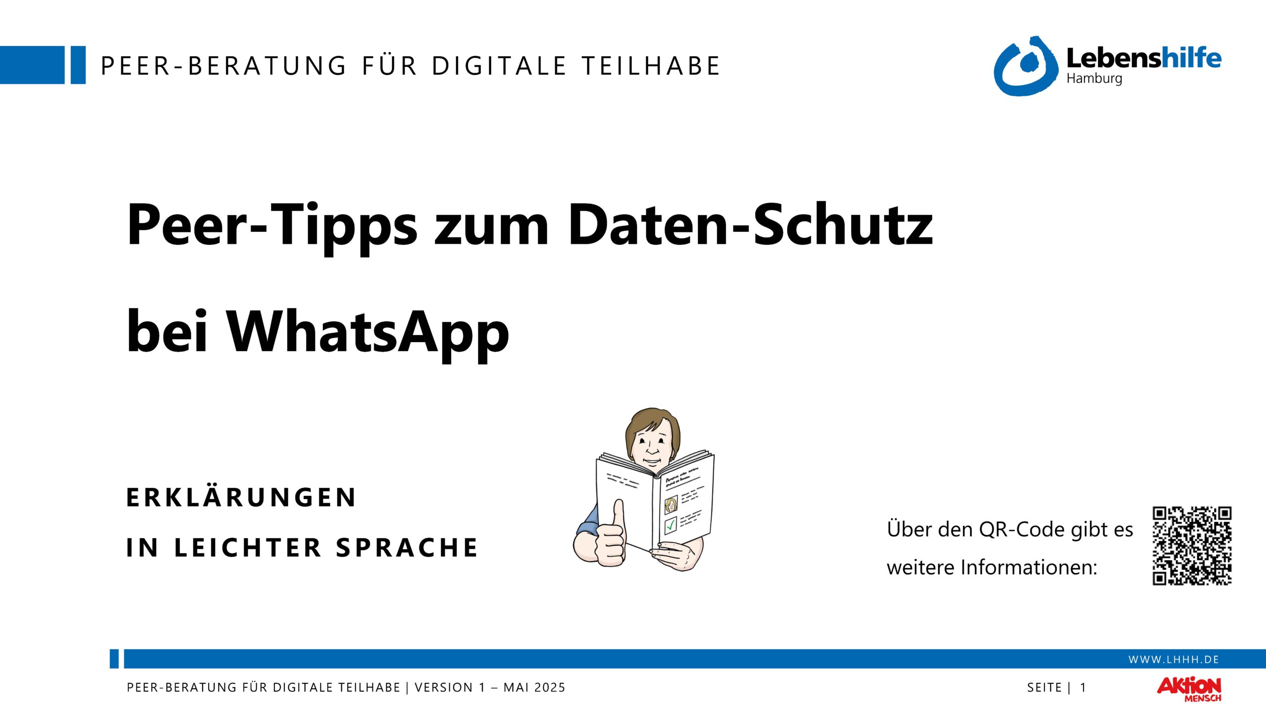 Screenshot Powerpoint: Peer-Tipps zum Daten-Schutz bei WhatsApp. Erklärungen in Leichter Sprache.