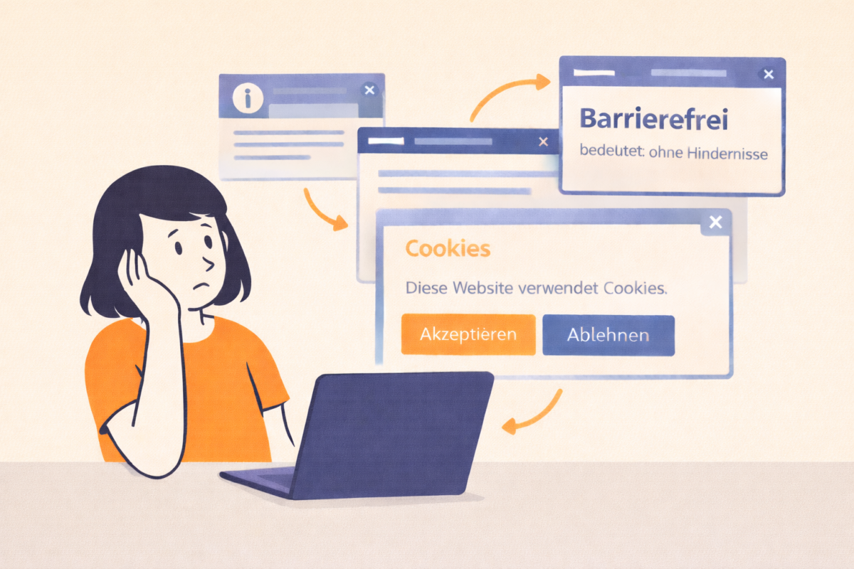 Illustration: FRau sitzt mit ratlosem Gesicht vor Laptop. Im Hintergrund Bildschirm-Ausschnitte mit Text wie z.B. Cookies und barrierfrei.