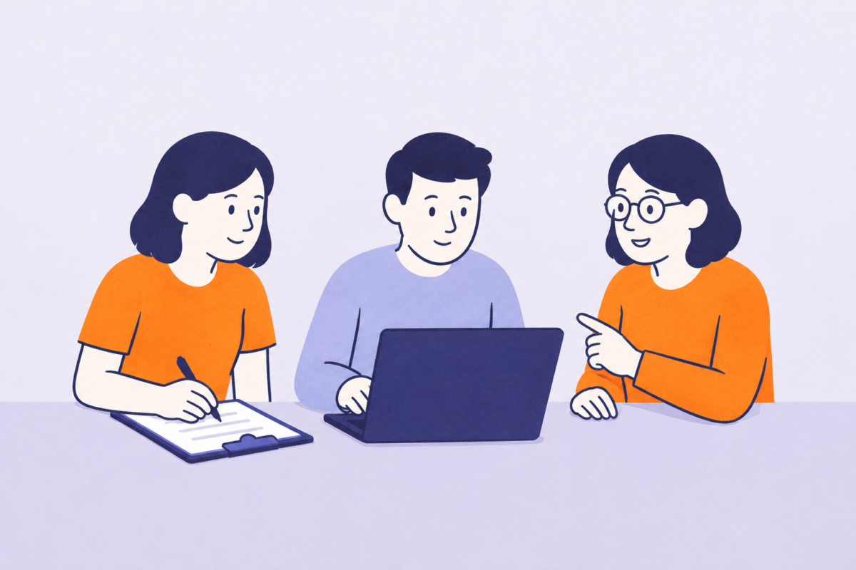 Illustration: Drei Menschen sitzen vor einem Laptop. Eine Frau macht sich Notizen.